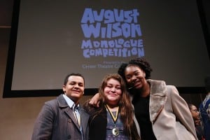 From left, Second place winner Samuel Christian, First place winner Damaris Vizvett and Third place winner Aryana Williams pose during the August Wilson Monologue Competition Los Angeles Regional Finals at Center Theatre Group/Mark Taper Forum on February 29, 2016, in Los Angeles, California. (Photo by Ryan Miller/Capture Imaging)