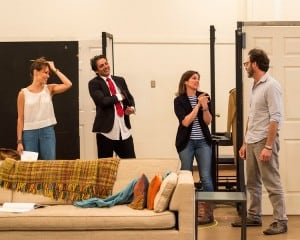 L-R: Cast members Emily Swallow and Hari Dhillon, director Kimberly Senior and cast member J Anthony Crane in rehearsal for Ayad Akhtars Pulitzer-winning play Disgraced, which will be presented at the Center Theatre Group/Mark Taper Forum at the Los Angeles Music Center June 8 through July 17, 2016. For tickets and information, please visit CenterTheatreGroup.org or call (213) 628-2772.  Contact:  CTG Media and Communications/ (213) 972-7376/CTGMedia@ctgla.org Photo by Craig Schwartz.